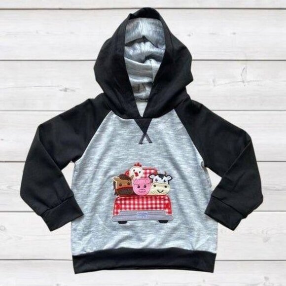 Whimsical Farm Friends Raglan Hoodie For Toddlers Black & Gray - Picture 1 of 3